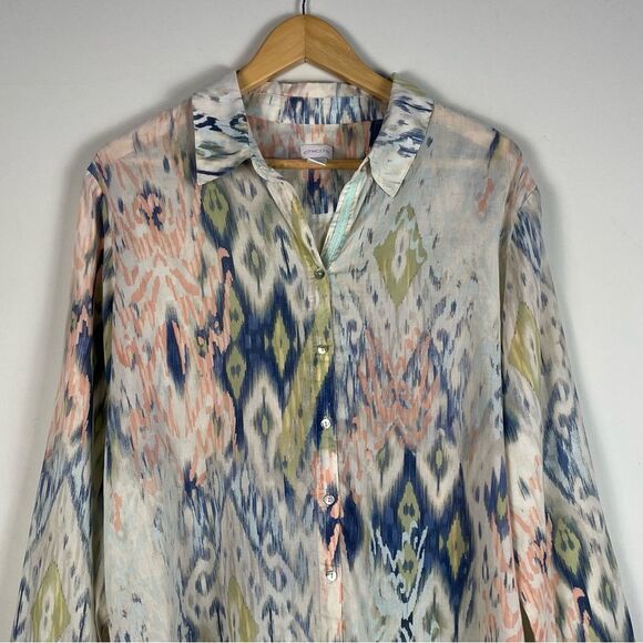 Chico's Watercolor Ikat Blue Green‎ Cotton Button Down Shirt Lightweight Size L - Picture 2 of 14
